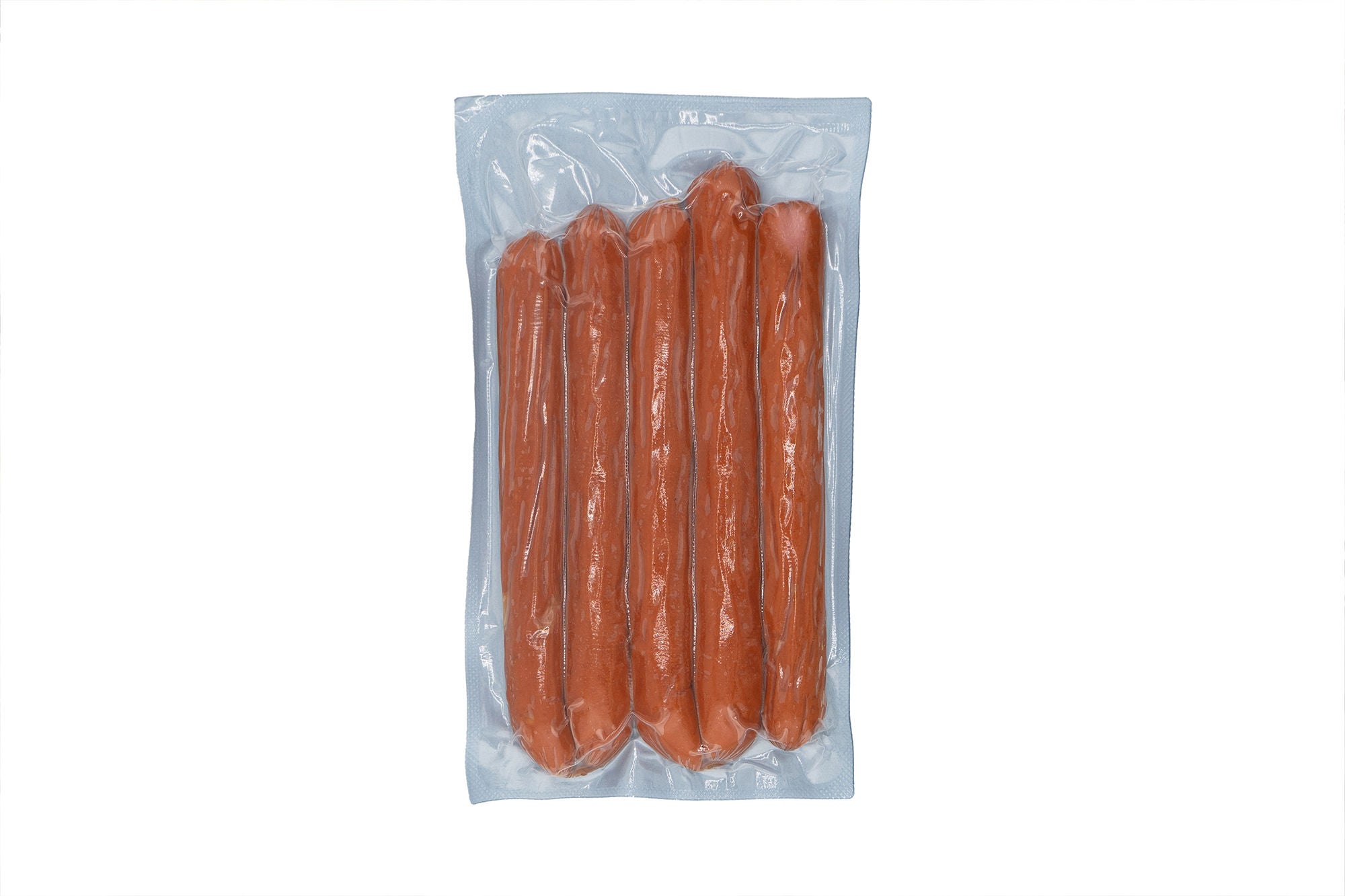 Sausages in vacuum plastic packaging isolated on white background. Vacuum transparent packaging with fresh sausages. A pack of sausages in a vacuum foil isolated.; Shutterstock ID 2460897705; purchase_order: MUDE; job: Landingpage Handwerk; client: Cornelia Geiger; other: 