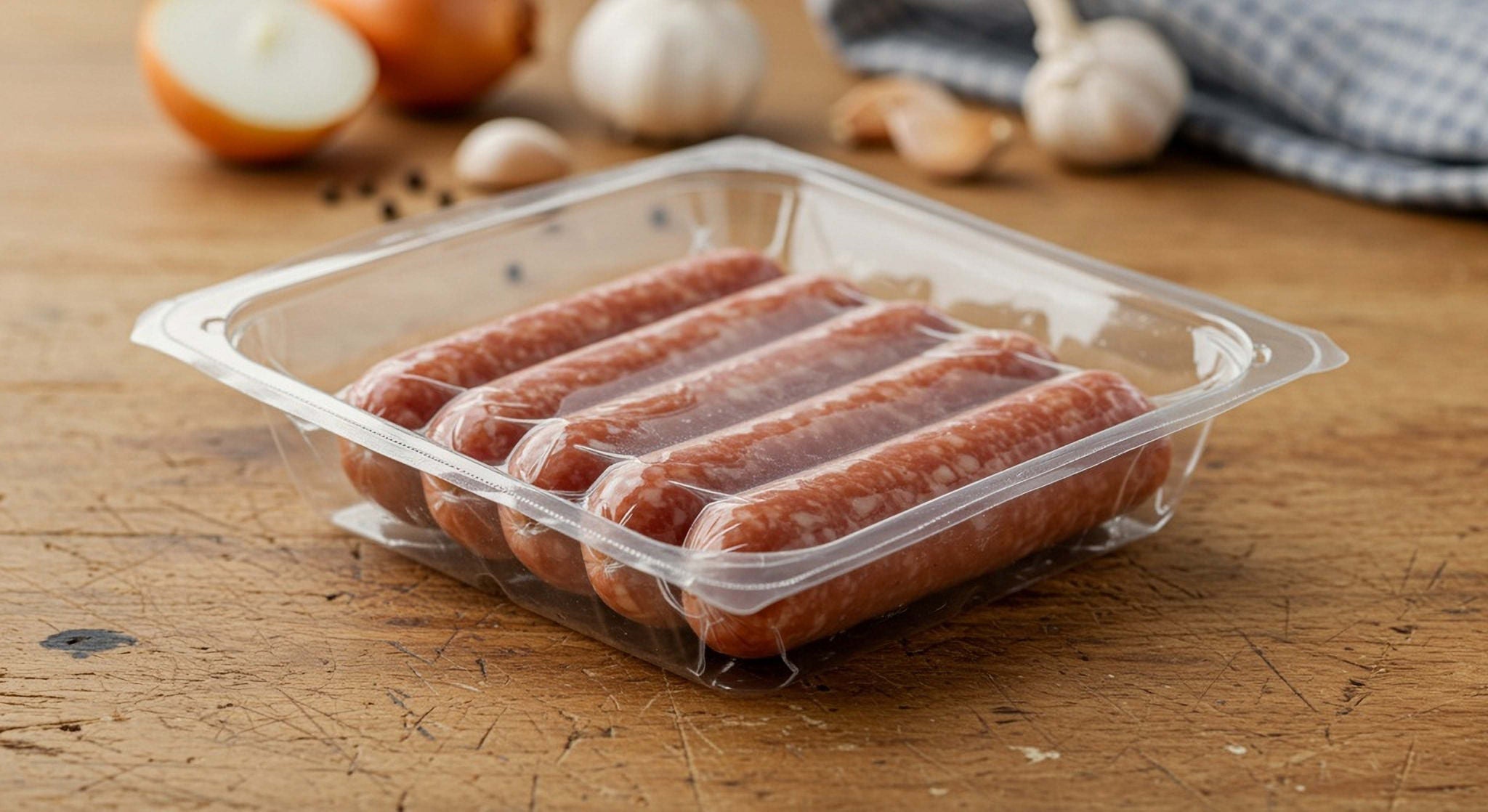 A close-up of an open, nearly square, transparent plastic package of sausages resting on a simple, modest wooden table with visible imperfections. The plastic is slightly crinkled, revealing the sausages inside. Behind the package, there are a few humble; Shutterstock ID 2609518589; purchase_order: MUDE; job: ; client: Cornelia Geiger; other: ; is_generated: true