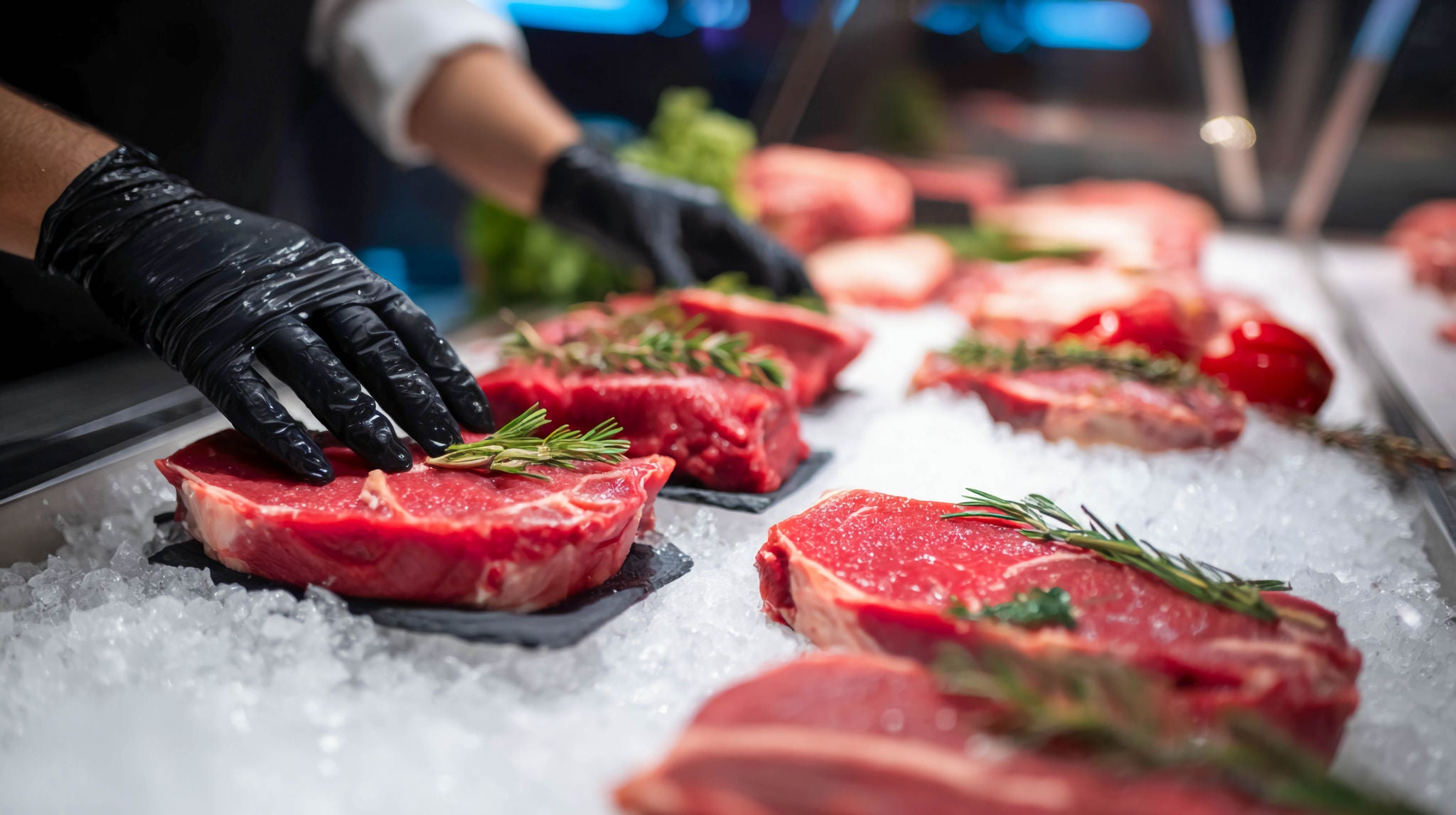 Close-up of fresh cuts of red meat on ice in a supermarket meat department, with an employee wearing black gloves arranging steaks with rosemary sprigs.