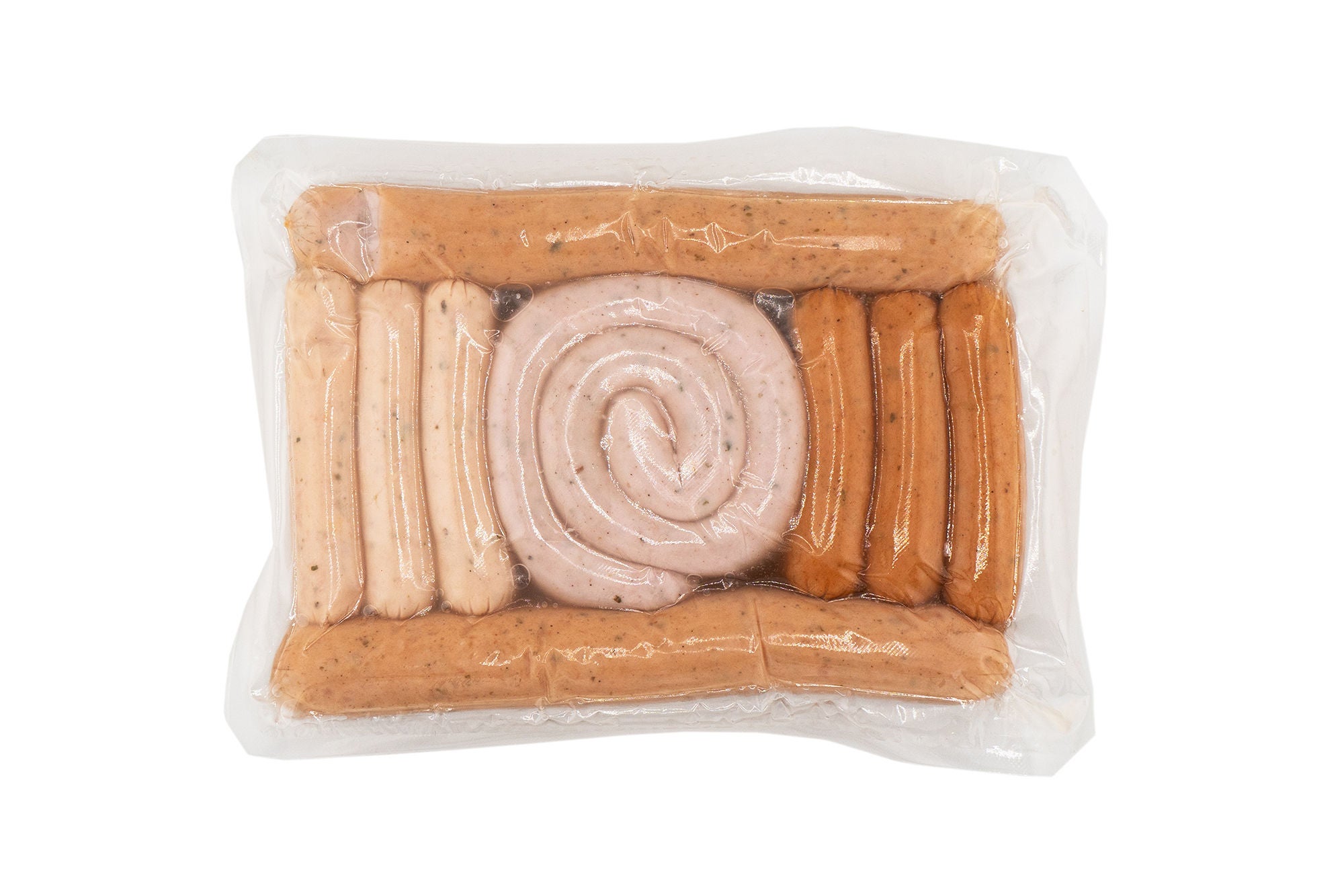 Sausages in vacuum plastic packaging isolated on white background. Vacuum transparent packaging with fresh sausages. A pack of sausages in a vacuum foil isolated.; Shutterstock ID 2460897705; purchase_order: MUDE; job: Landingpage Handwerk; client: Cornelia Geiger; other: 