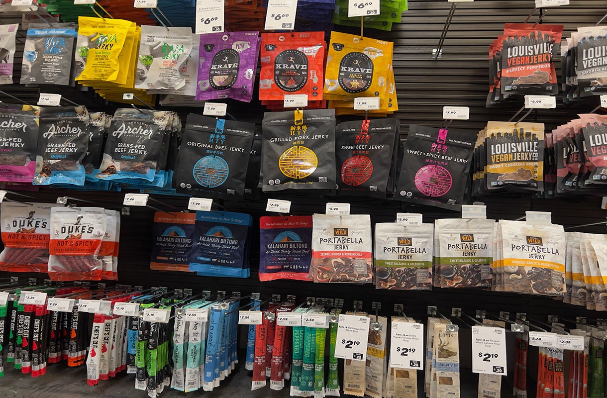 Mill Creek, WA USA - circa May 2022: View of a variety of beef jerky for sale inside a Town and Country grocery store. Mill Creek, WA USA - circa May 2022: View of a variety of beef jerky for sale inside a Town and Country grocery store.