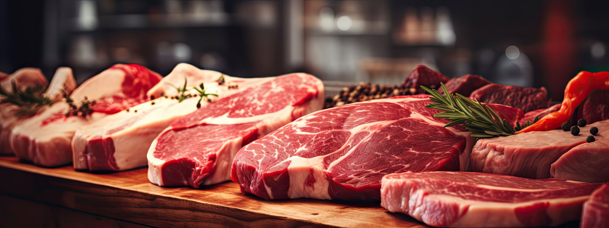 meat cuts selection displayed in wooden ray at a butcher
