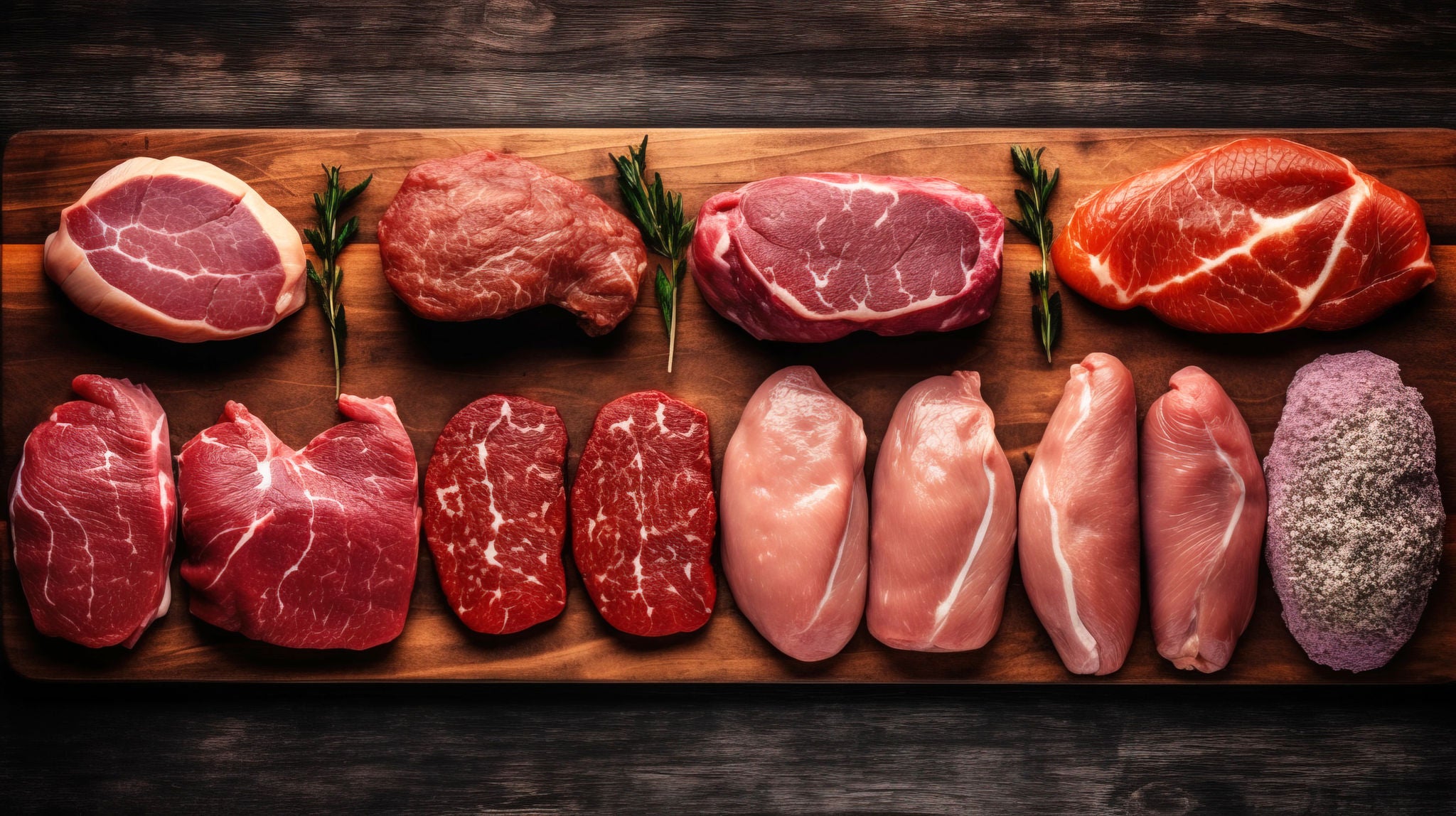 Set of different types of raw meat. Top view on the table. Black background. Header banner mockup with copy space. AI generated., Set of different types of raw meat. Top view on the table. Black background. Header banner mockup with copy space. AI generated.