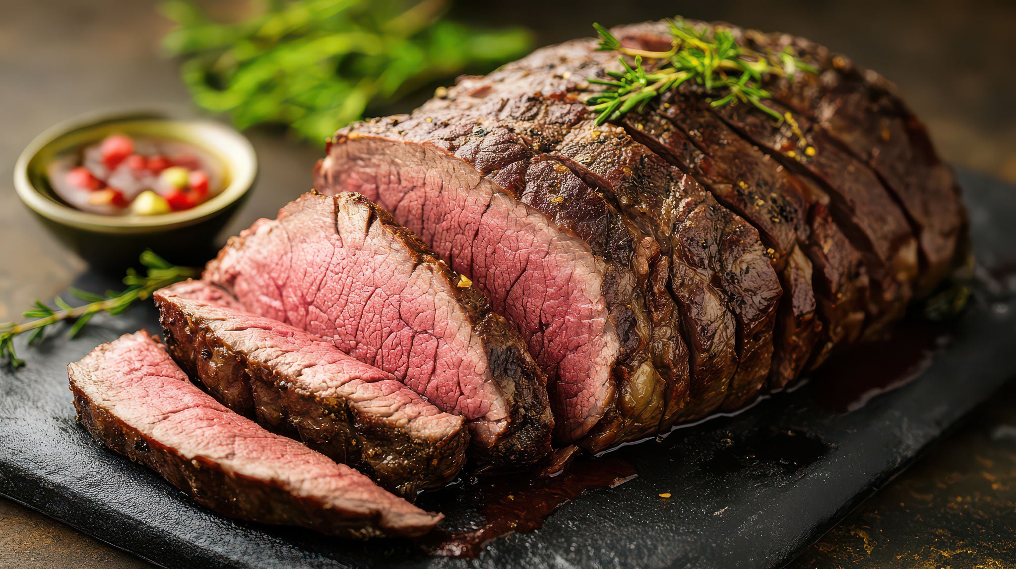 A round of roast beef sliced into pieces that highlight the soft, tender texture, with each piece dripping with juice.